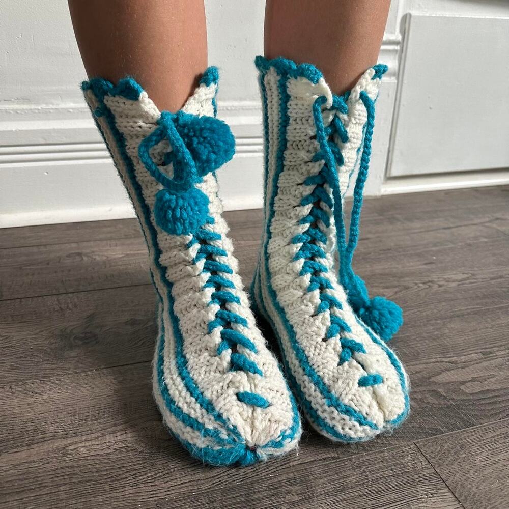 Vintage Knit Woven Crochet Striped Pom Pon Lace Up Leg Warmers Socks Booties